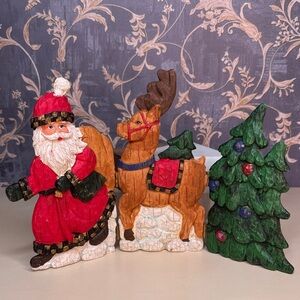 Vintage Christmas Wood Decorative Folding Screen Santa, Reindeer, Christmas Tree